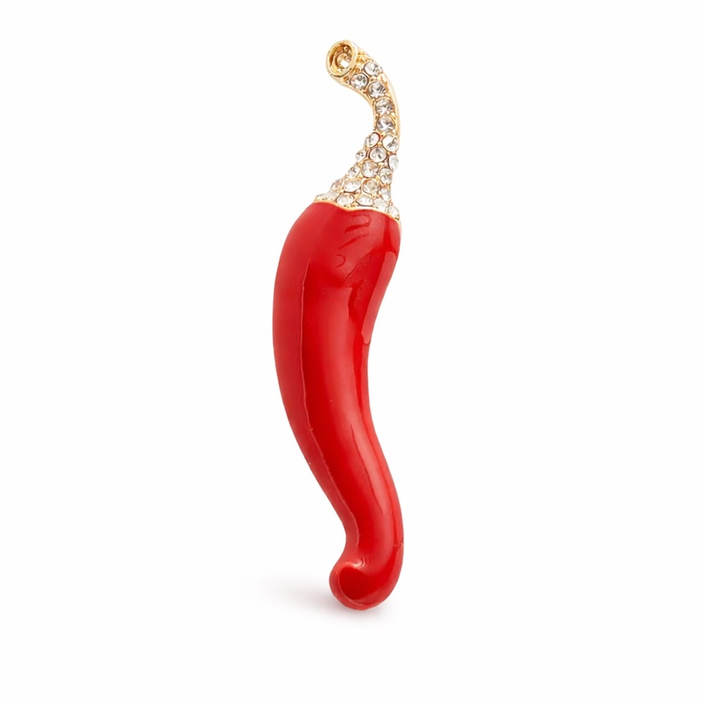 Anthropologie Red Chili Pepper Brooch with Gold and Clear Crystals